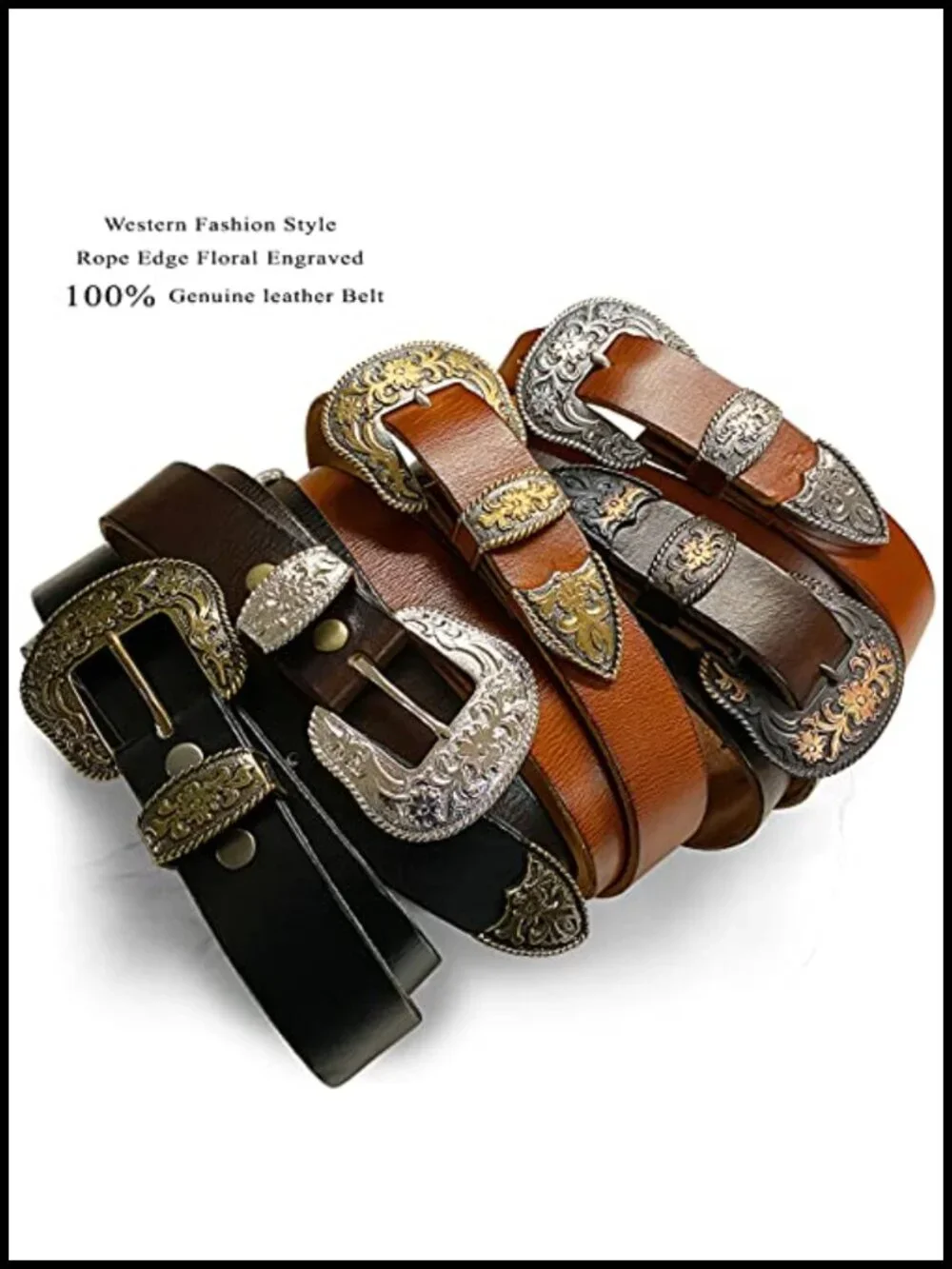 Floral Engraved Western Full Grain Leather Belt 1.5